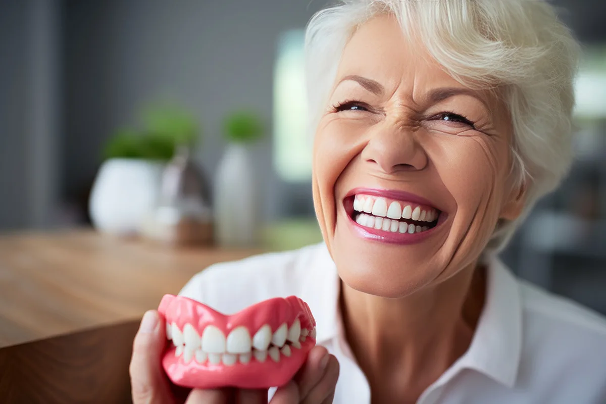 Senior woman smiling while holding a set of dentures